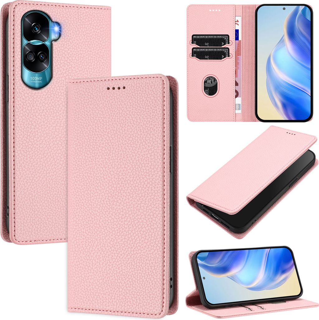 Litchi Leder Handyhülle für Honor 90 Lite Wallet Kartenfächer Standfunktion Hülle Pink
