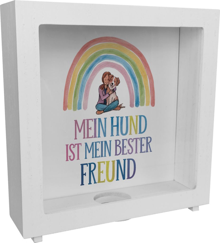 Bester Freund Rahmen Spardose aus Holz - Frau umarmt Hund unter Regenbogen