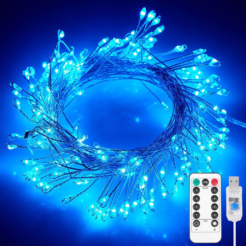 6m 200 LED Kupferdraht Cluster Lichterkette Wasserdicht 8 Lichtmodi USB mit Fernbedienung für Party Hochzeit Weihnachten Deko, Blau
