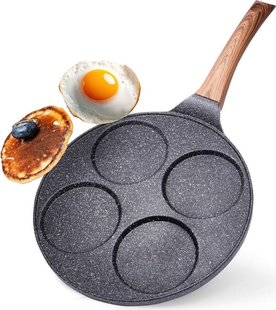 A multi-section image showing a pancake pan with indentations, a fried egg, and a pancake with a blueberry on top.