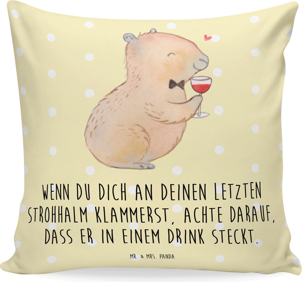 Mr. & Mrs. Panda Kissen 40x40 Capybara Wein - Gelb Pastell - Geschenk, kuschelkissen, Polster, Zeichnung, Weinliebhaber, Spaßbild, für Weinkenner...