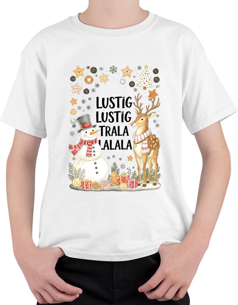 Lustig Lustig Trala Lalala Weihnachten Schneemann Rentier Retro Uni Kinder T-Shirt, Weiß, 128