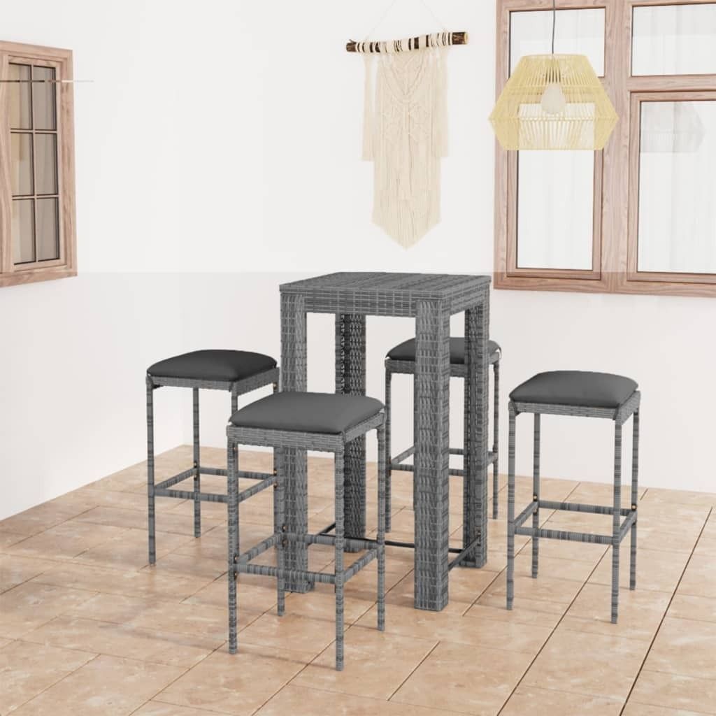 The Living Store 5-tlg. Gartenbar-Set mit Kissen Poly Rattan Grau