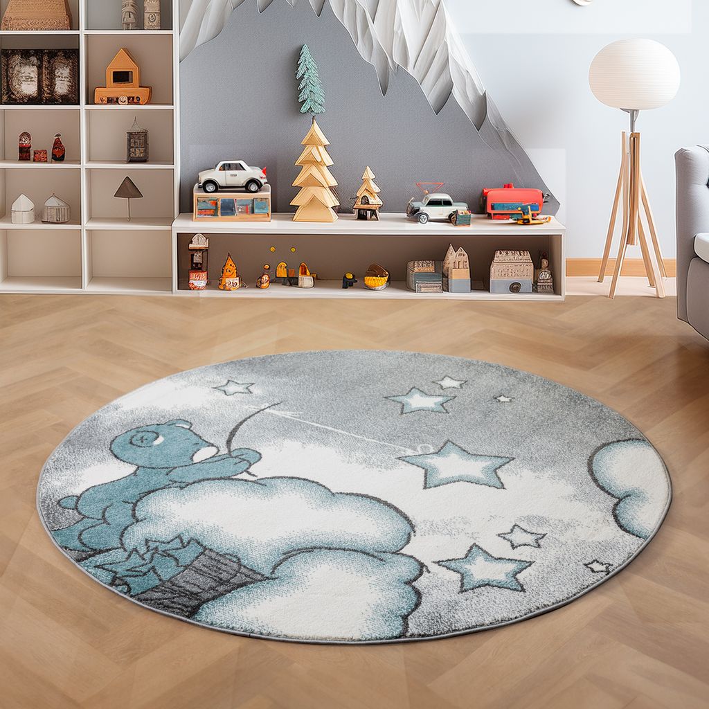 Kinderteppiche Teppiche für Kinder Babyzimmer Teppiche im modernen Stil Teppich Kinderzimmer Größe : 120 cm Rund , Farbe : Blau-5
