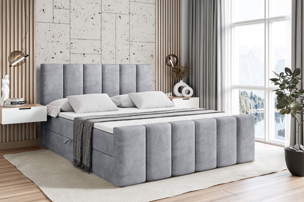 ALTDECOR Boxspringbett mit Fußteil, H4 Matratze und Topper - 160x200 cm - BOXI1-Z - Hellgrau Samt - Polsterbett mit Bettkasten und Lattenrost, Bet...