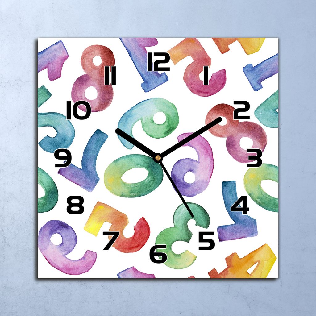 Wanduhr Echt-Glas-Küchenuhr Bunte Ziffern Quarz Lautlos 30x30 Deko Bilder