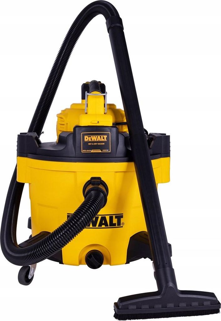 A yellow and black DeWalt industrial vacuum cleaner is shown against a white background.