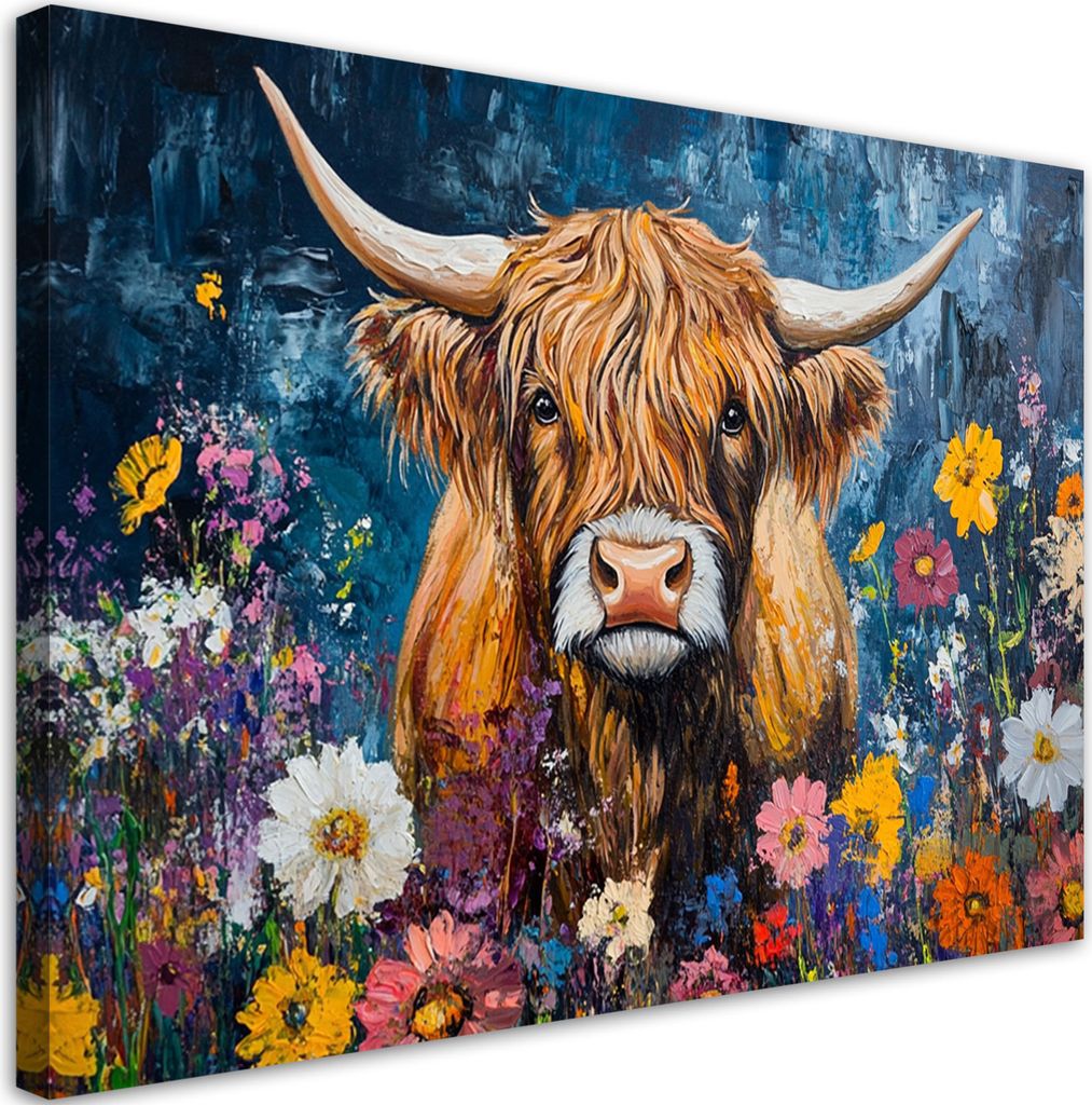 Leinwandbild Highland-Kuh Abstraktion Blumen 60x40 Feeby Bunt bild für die wand bereit zum aufhängen