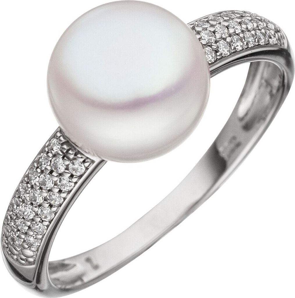 Ring Damenring mit Süßwasser Perle & Zirkonia 333 Gold Weißgold Perlenring Damen Innenumfang 52mm Ø16.6mm