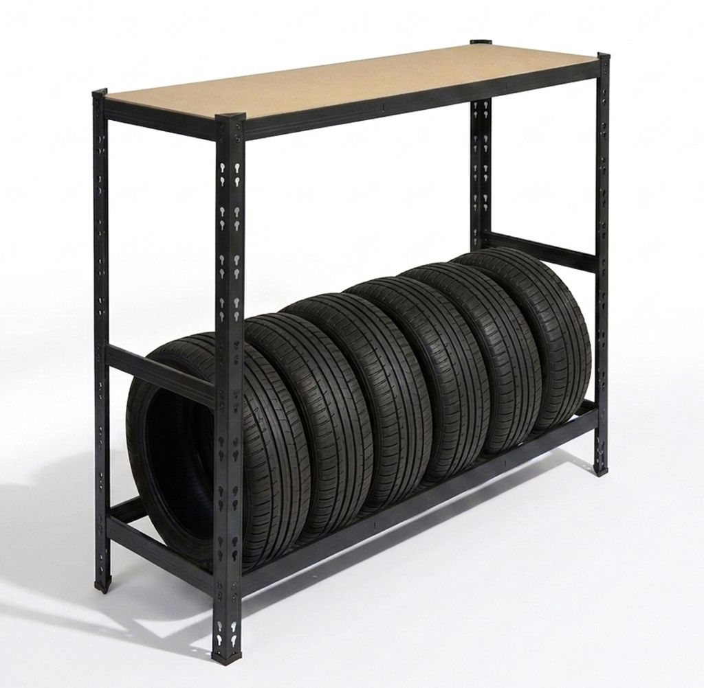Relaxdays Reifenregal für 6 Reifen, HxBxT 110 x 120 x 40 cm, 300 kg, Stahl, Stecksystem, Reifenlager Werkstatt, schwarz
