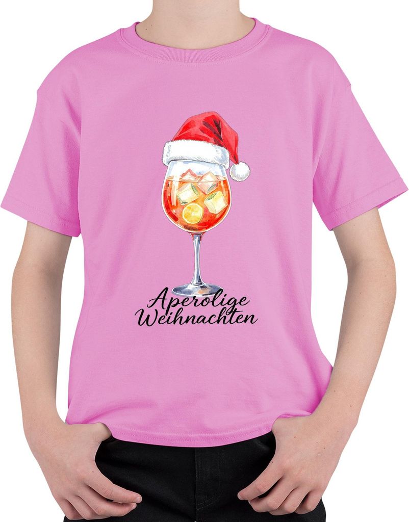Aperolige Weihnachten Aperol Spritz Aquarell Weihnachtsmütze Uni Kinder T-Shirt, Pink, 152