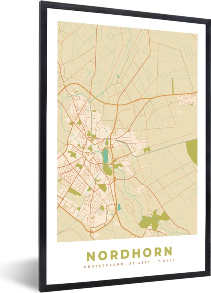 MuchoWow Gerahmtes Poster Nordhorn - Karte - Vintage - Stadtplan 60x90 cm - Poster mit Schwarzem Bilderrahmen Wandposter Rahmen Foto Bilder - Kunst