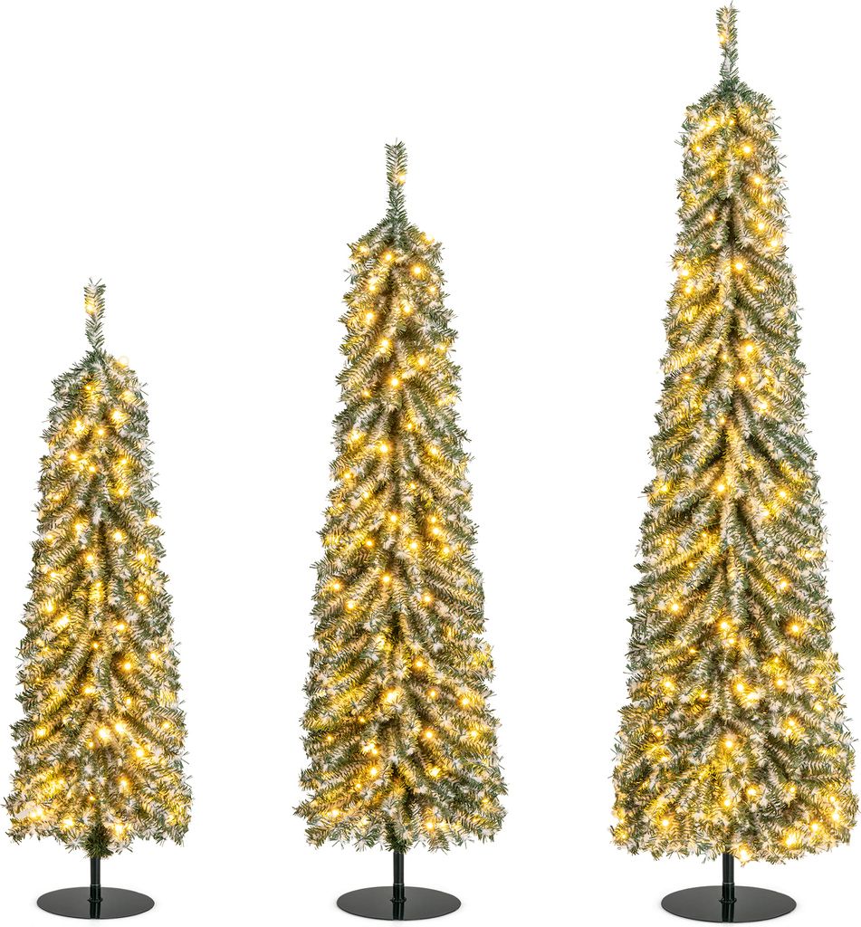 COSTWAY 3er Set Bleistift Weihnachtsbaum Künstlich, 120+150+180cm, Tannenbaum mit Schnee & LED-Lichtern, Kunstbaum Christbaum Grün + Weiß