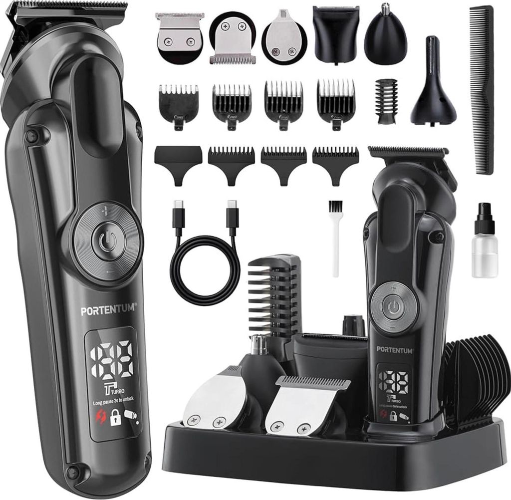 PORTENTUM Haarschneidemaschine profi – Set mit 21 – LED – Barttrimmer herren – trimmer für Gesicht und Körper – Bartschneider – 6 Auf...