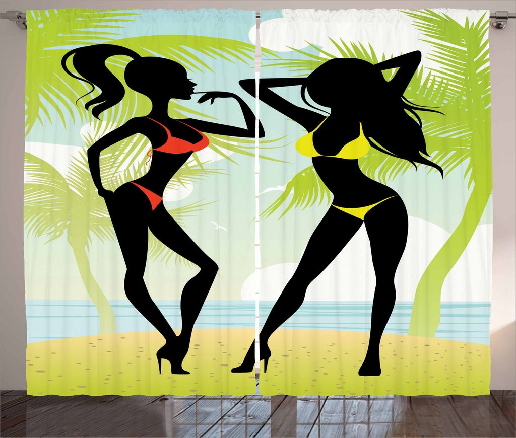 ABAKUHAUS Pin up Girl Rustikaler Gardine, Tropische Insel, Schlafzimmer Kräuselband Vorhang mit Schlaufen und Haken, 280 x 225 cm, Mehrfarbig