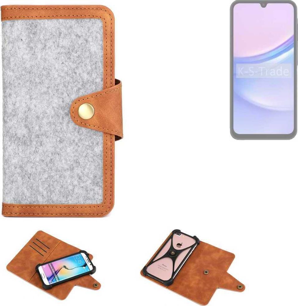 K-S-Trade Handyhülle kompatibel mit Samsung Galaxy A15 5G Schutzhülle Filz-Hülle Kunst-Leder hellgrau braun (1x)