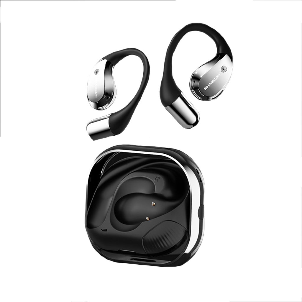 A pair of black and silver wireless earbuds and their charging case are displayed against a white background.