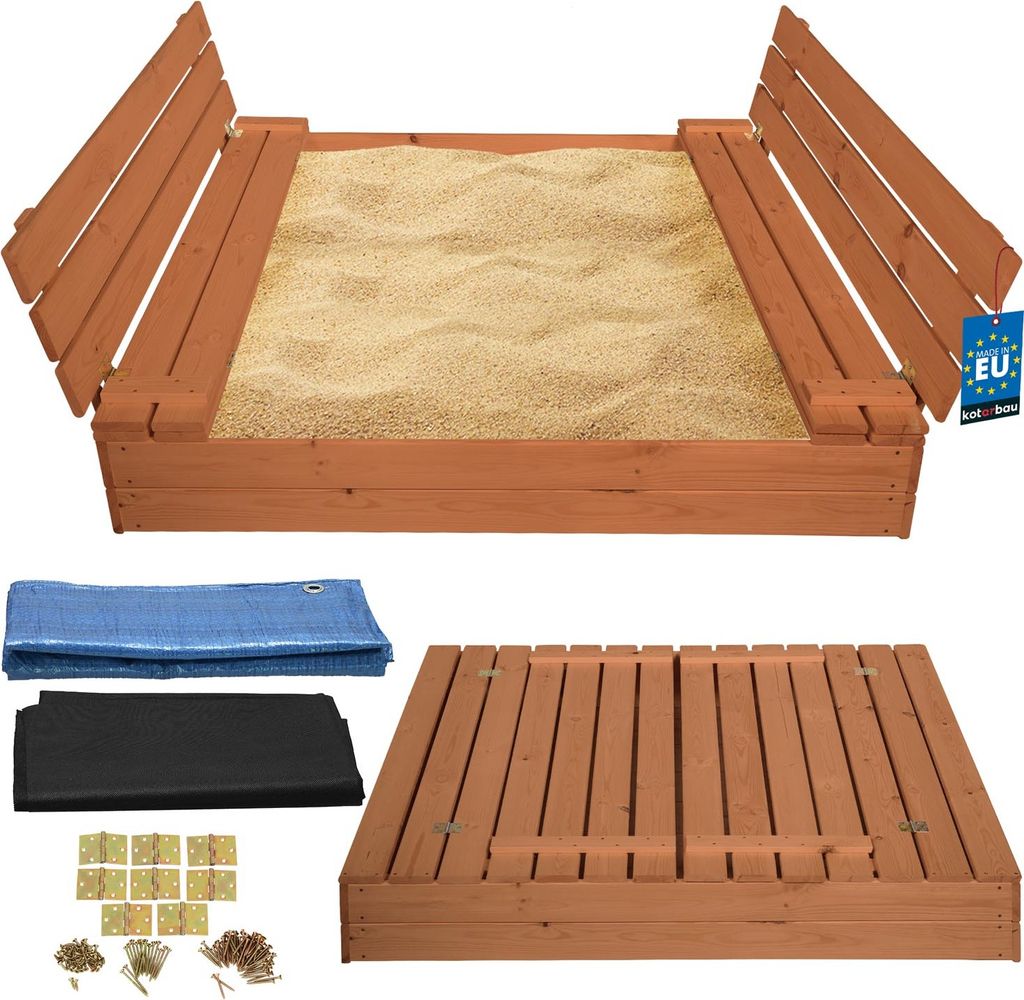 KOTARBAU Sandkasten mit Abdeckung 140 x 140 cm Braun Großer Holzsandkasten Sandkasten mit Sitzbank und Deckel Gartenspielzeug Kinder imprägnier...