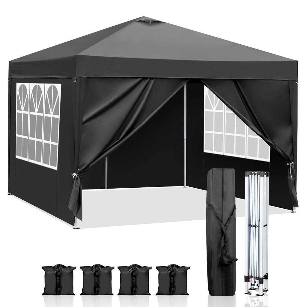 FCH 3x3M Pavillon Wasserdicht Pop up Faltpavillon Pavillon mit 4 Seitenteilen Faltbar Zelt Gartenpavillon, 4 Sandsack,Schwarz