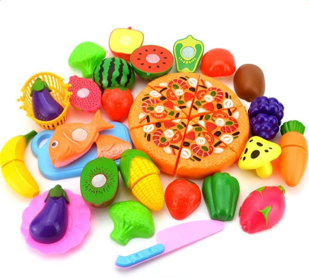 Lebensmittel Spielzeug Set mit Korb AMITAS 40 Stück Kinder Küchenspielzeug Schneiden Lebensmittel Obst Gemüse Spielzeug Gut geeignet für Kleinkinder