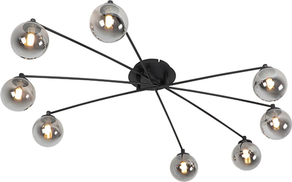 QAZQA - Moderne Deckenleuchte I Deckenlampe I Lampe I Leuchte schwarz 8-Licht mit Rauchglas - Athen I Wohnzimmer I Schlafzimmer - Rund - LED geeign...