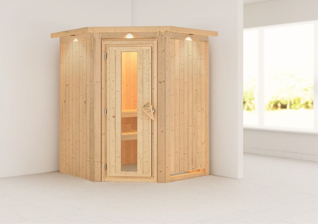 Sauna Larin : mit Dachkranz : Energiespartür Holztür gedämmt : ohne Ofen Dachkranz: mit Dachkranz Saunaofen: ohne Ofen Saunatür: Energiespartü...