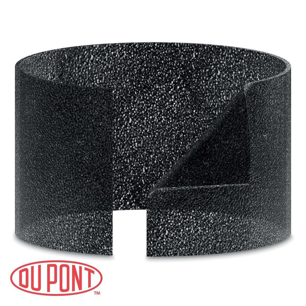 A black filter material with a textured surface, shown in a cylindrical shape with a cut-out section.
