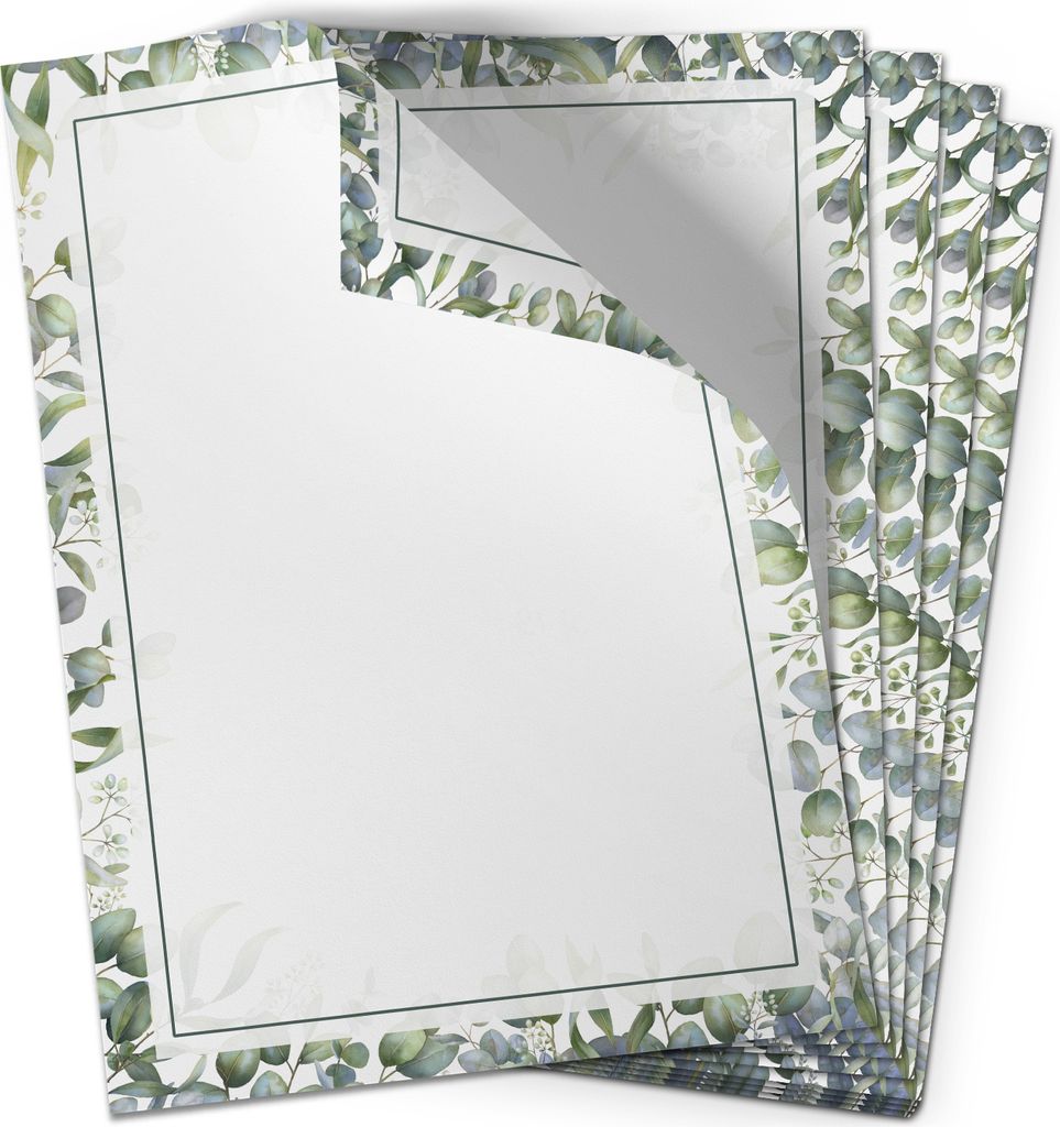 50 Blatt Briefpapier (A4) | Eukalyptus Rahmen Rand | Motivpapier | edles Design Papier | beidseitig bedruckt | Bastelpapier Speisekarten Briefe | 9...