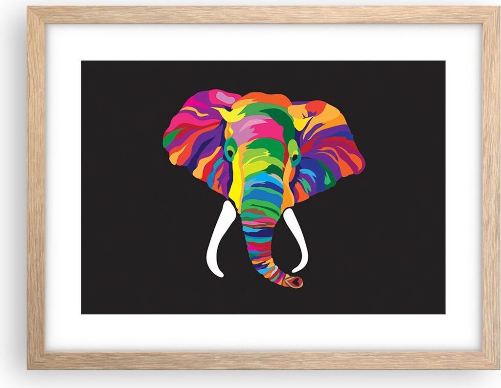 Gerahmtes Poster - Rahmen in heller Eiche - Elefant spaß bunt tier - 40x30 cm - Wand Bild - Wanddeko - Wandbilder - Wandposter - Bilderrahmen - Bi...