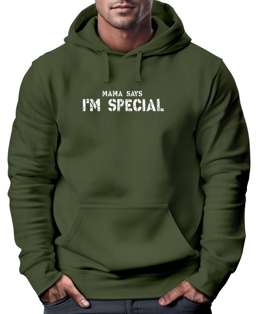 Hoodie Herren Shirt Spruch lustig Mama Says I Am Special Ironie Sarkasmus Aufdruck Nerd Schrift Fashion Streetstyle Neverless oliv XS