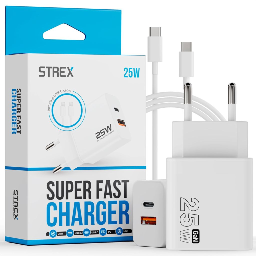 Strex USB-Ladegerät 25W - Schnellladegerät mit USB-A & USB-C - GaN - Weiß – PD 3.0 + QC 3.0 - Inklusive USB-C Kabel