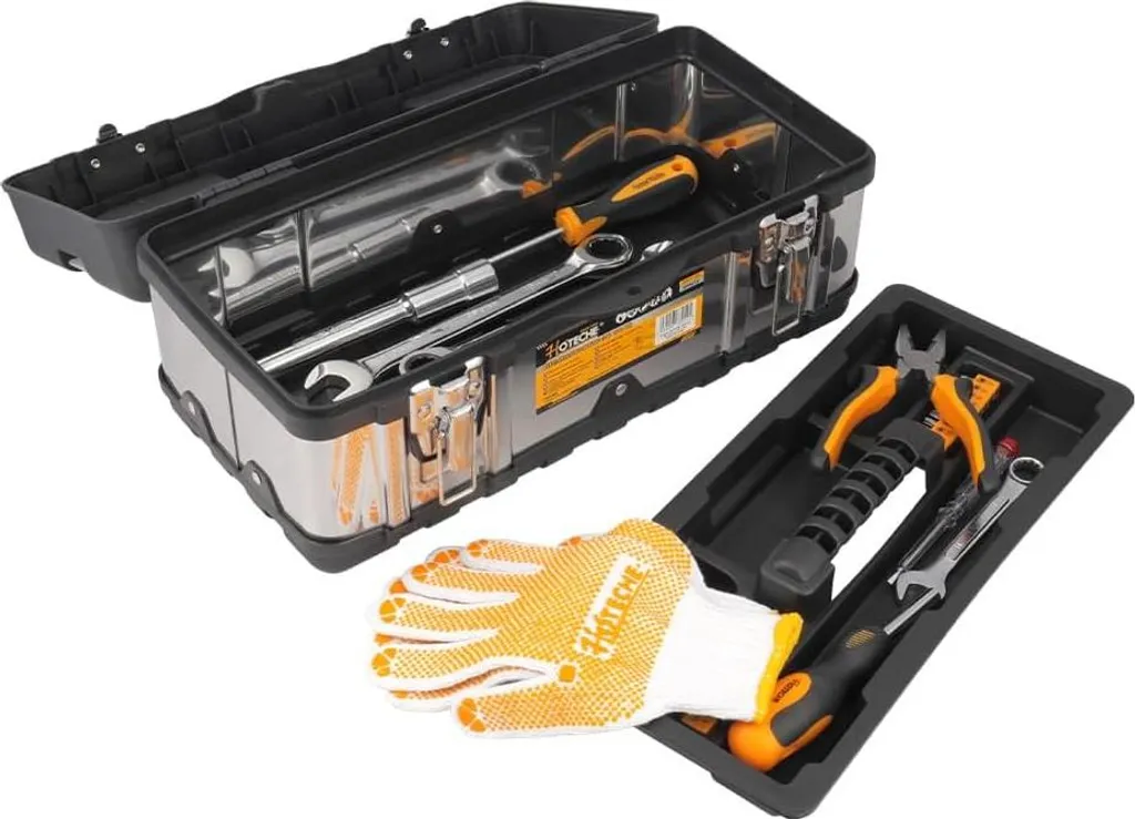 Boîte à outils inox zingué 41cm avec compartiments de rangement noirs
