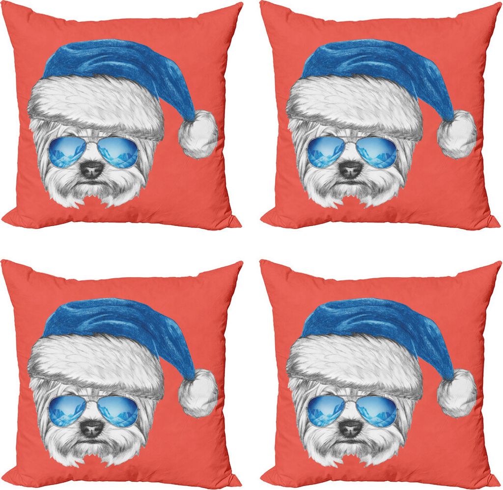 ABAKUHAUS Yorkie Kissenbezug Set (4 Stück), Blue Santa Hat Lustig, Moderner Doppelseitiger Digitaldruck, 40 cm x 40 cm, Coral Weiß Blau