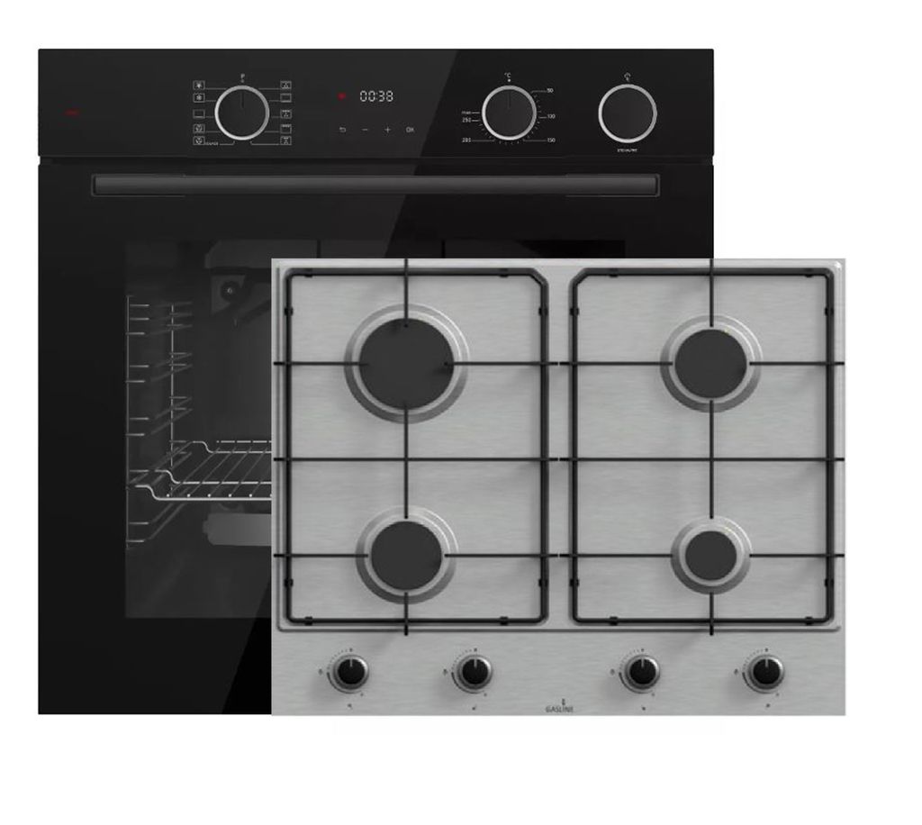 Böhme Einbaubackofen HB60F78DL Schwarz Glas mit Heißluft AirFry sowie Dampfunterstützung Backofen + Gasline Gaskochfeld 60cm Edelstahl mit 4 Bre...
