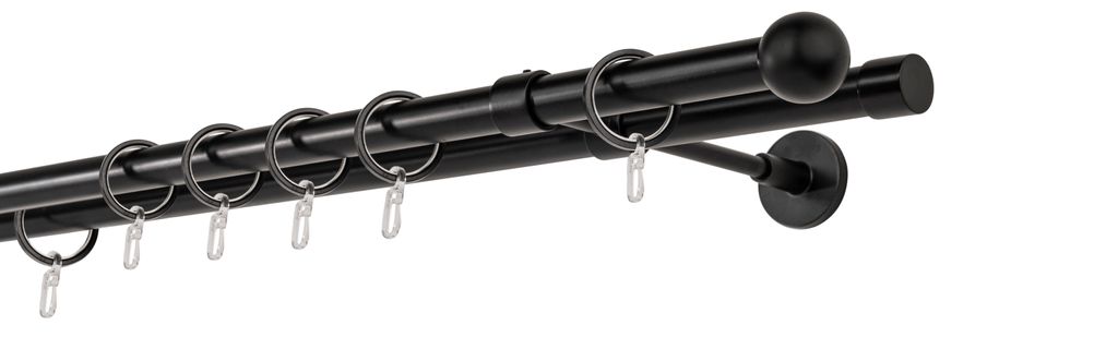 Gardinenstange auf Maß 20mm Ball 2-lauf Wandträger 20cm Farbe: Schwarz, Größe: 110cm