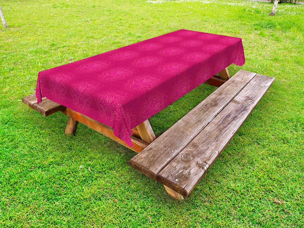 ABAKUHAUS viktorianisch Tischdecke Outdoor, Leuchtende Monochrom Abbildung des antiken Blumen wirbelnden Motiv Musters, Magenta Pink, 145x210cm