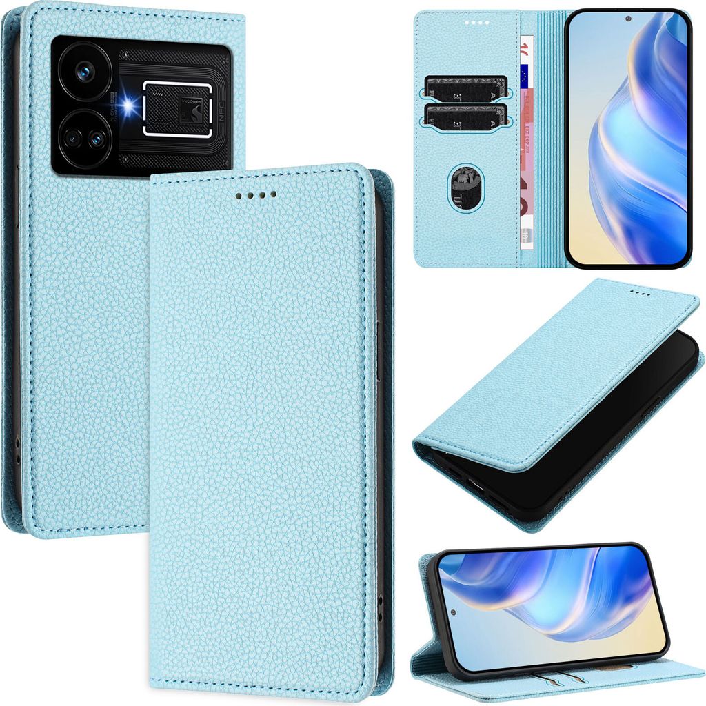 Litchi Leder Handyhülle für Realme GT5 204W/Realme GT5 Wallet Kartenfächer Standfunktion Hülle Hellblau
