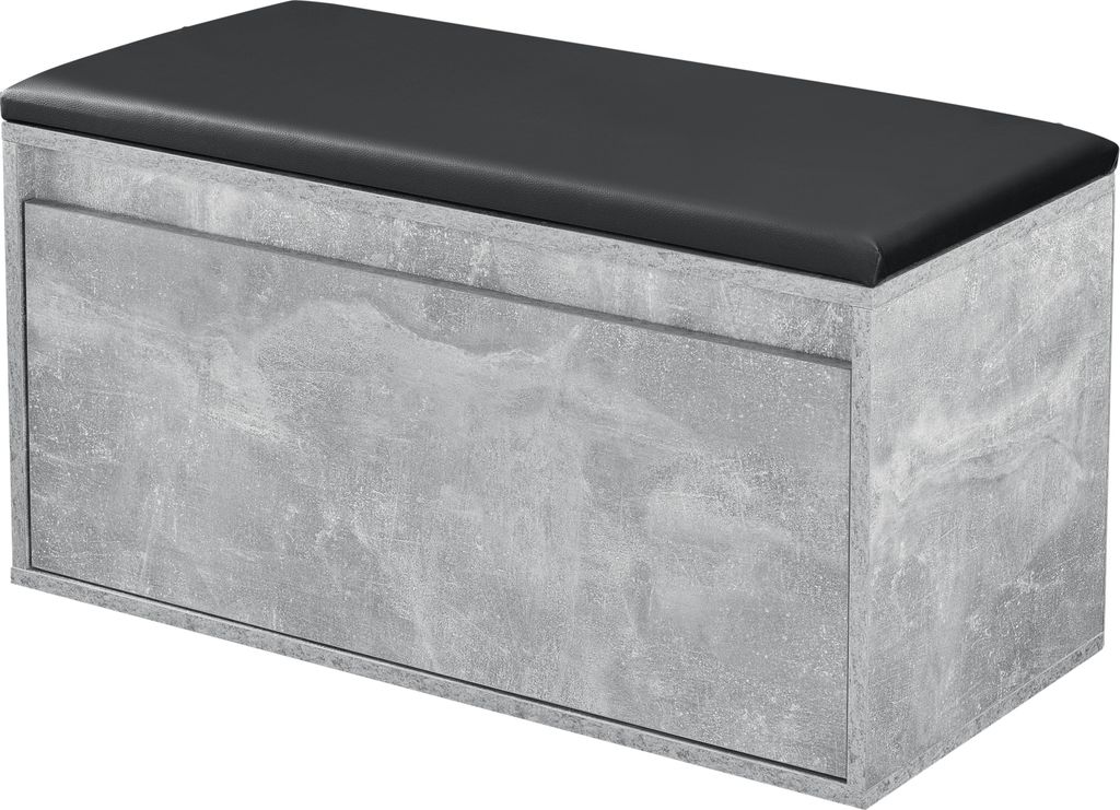 A bench with a concrete-look finish and a black upholstered seat.