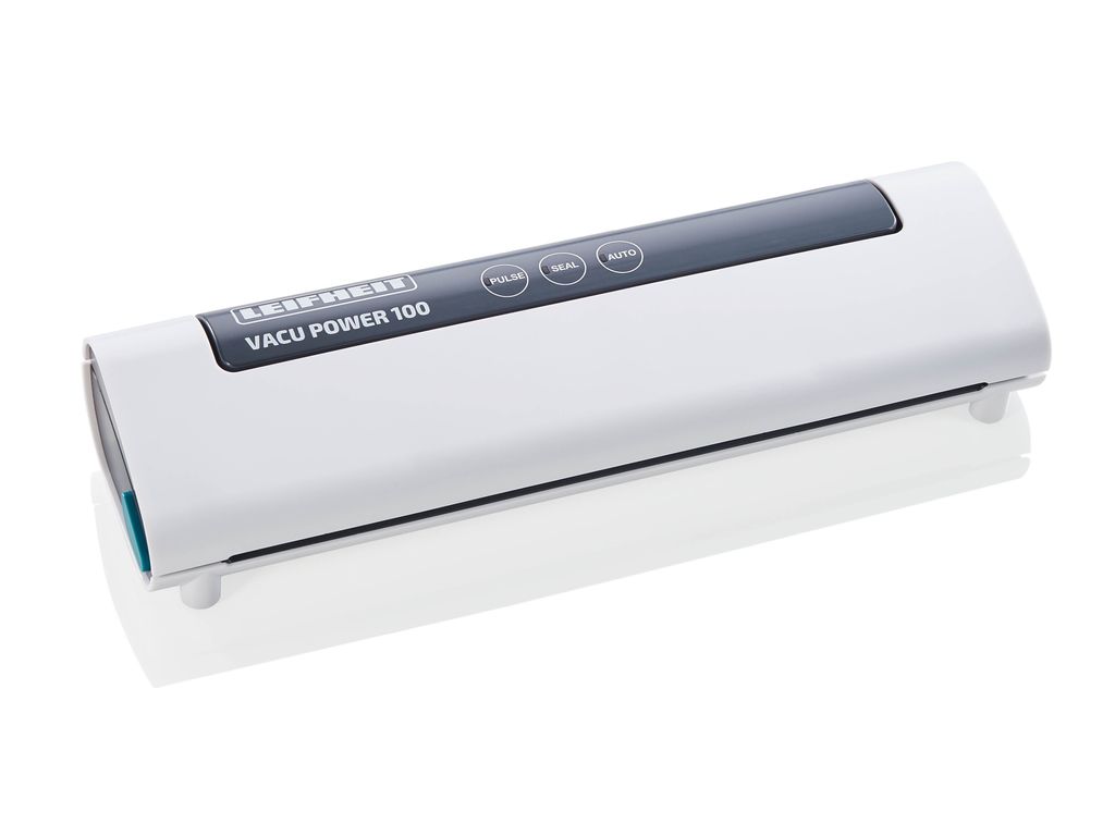 A white vacuum sealer machine with controls on top, shown at an angle on a white background.
