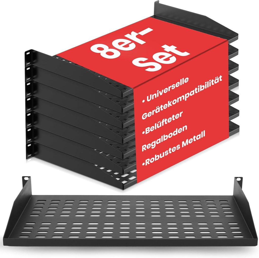 Pyle Fachboden für Netzwerkschrank & Serverschrank – Shelf für 19 Zoll Rack – Regalboden & Einlegeboden aus Metall – 8er Set – 1HE - 50 k...