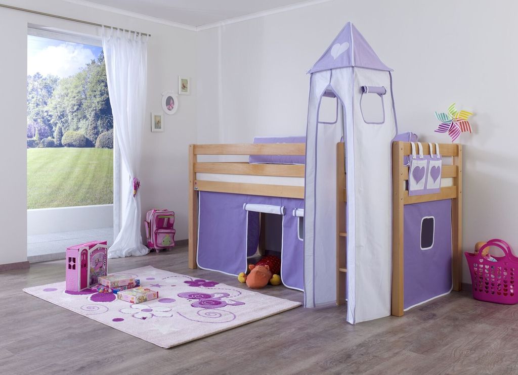 Halbhohes Einzelbett Alex Buche massiv 90x200 cm Natur lackiert mit Stoff-Set
