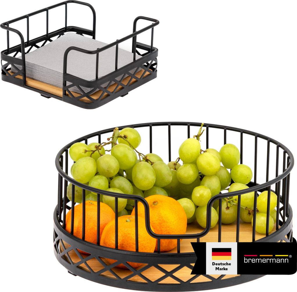 bremermann Obstkorb 2er Set inklusive Serviettenhalter, Obstschale/ Brotkorb aus Bambus und Metall