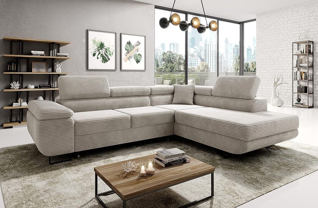 Easy4You Ecksofa Creme AVATAR Kord L-Form – 277x73x203 cm - Schlafsofa mit Bettkasten und Schlaffunktion - Eckcouch mit Stauraum – Rechts – S...