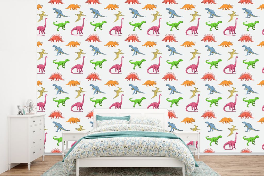MuchoWow Fototapete für Wohnzimmer oder Schlafzimmer Wandtapete Vinyl Motivtapete Muster - Dino - Kinder - Farben - Kinder - Junge - 360x240 cm ...