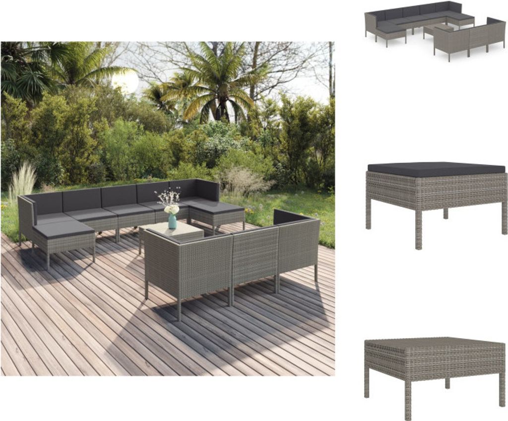 vidaXL 11-tlg. Garten-Lounge-Set mit Auflagen Poly Rattan Grau - Gartenmöbel-Sets