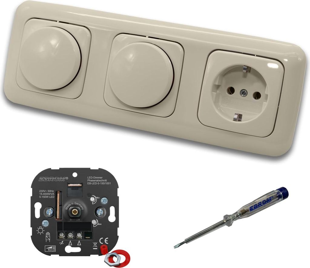 EBROM 1001 (2 x) LED Drehdimmer Dimmer + Busch Jäger Dimmerscheiben 2115-212 und Steckdose mit Kinderschutz 20EUCKS-212 in DURO2000 cremeweiß gl...