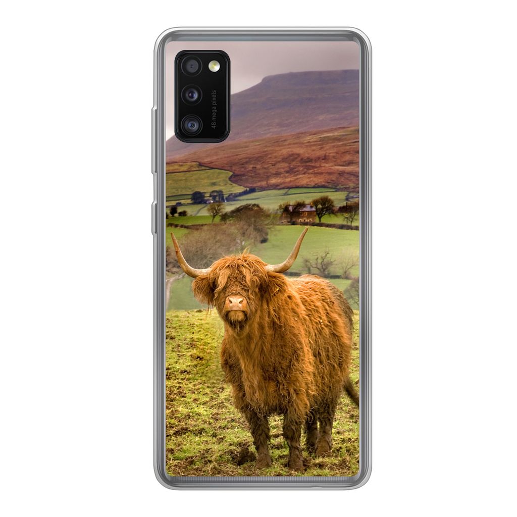 MuchoWow Handyhülle Schutzhülle Hülle für Samsung Galaxy A41 Schottischer Highlander - Berg - Herbst Silikon Softcase Handy Hülle - Mobiltel...