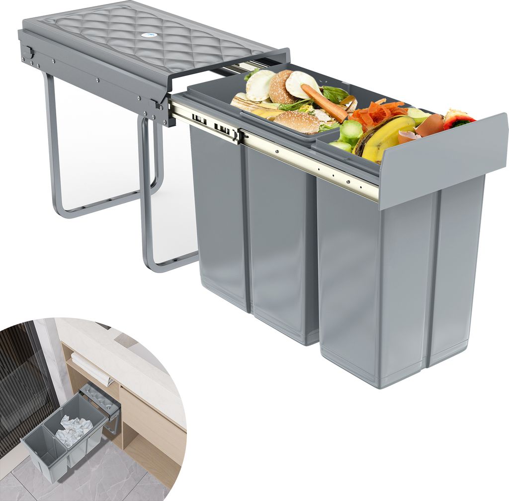 LARS360 Küchenabfalltrennsystem Einbau-Mülleimer Abfallsortierer für die Küche - 2 entnehmbare Sammler mit Teleskopschienen, grau (1x20L + 1x10L)