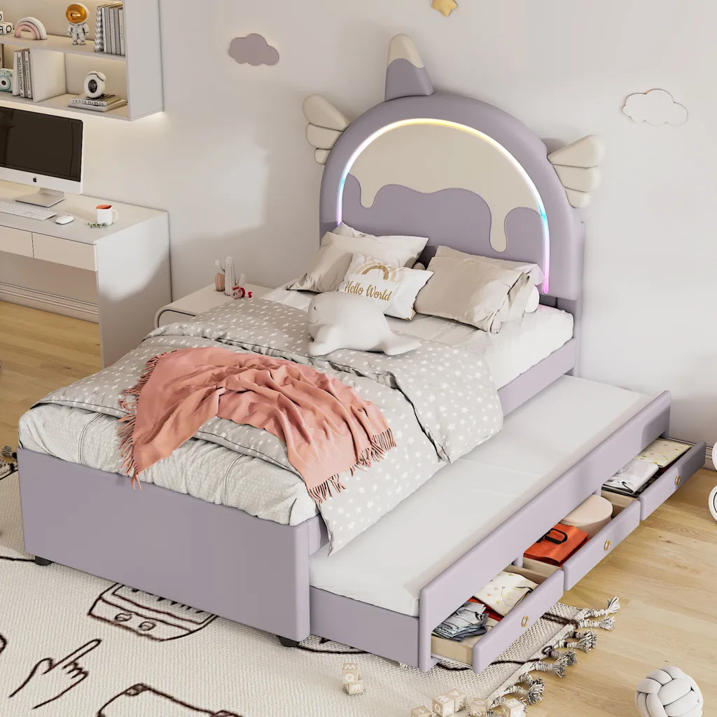 Lit banquette 90x200cm extensible en lit double avec rangements violet