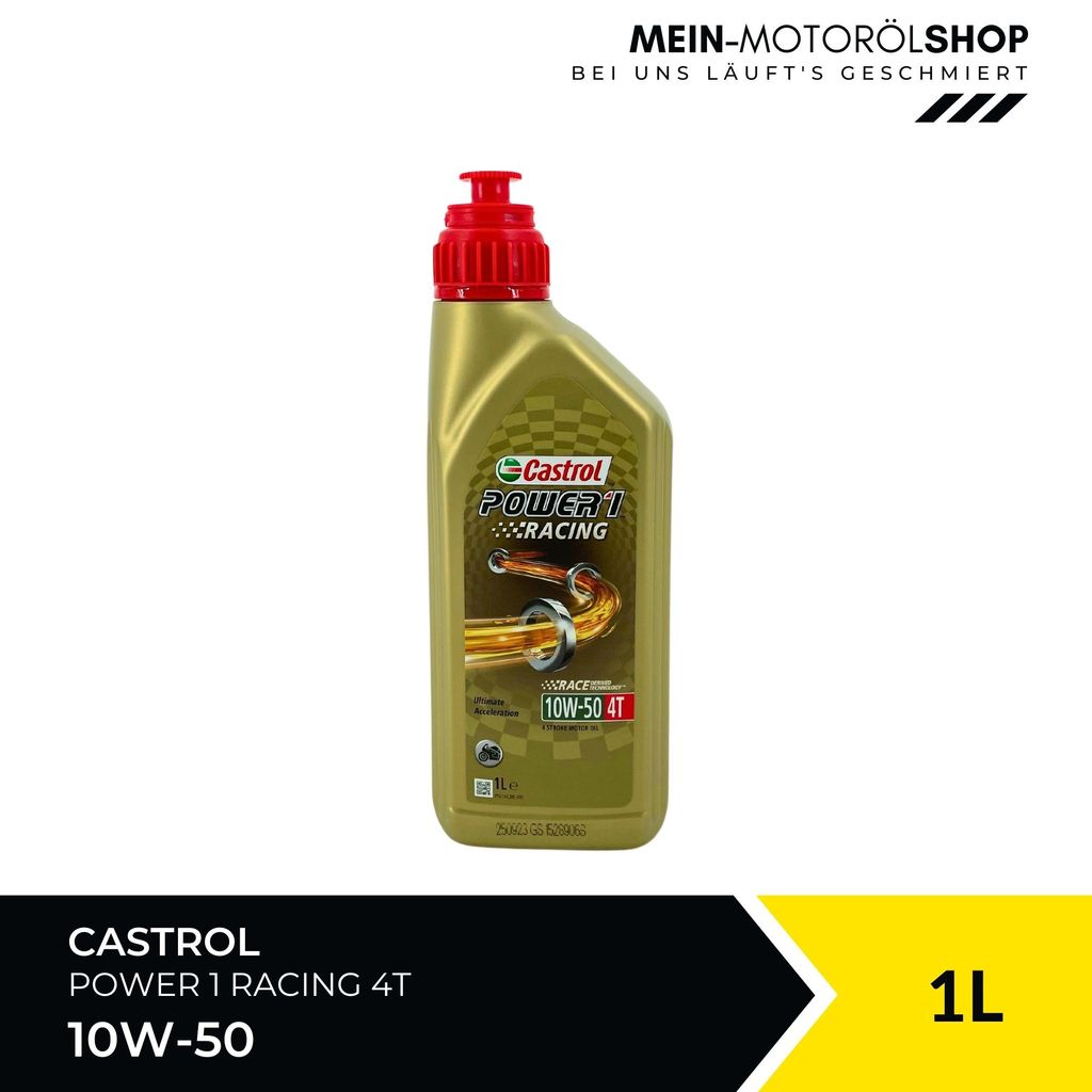 A bottle of Castrol Power 1 Racing 4T 10W-50 motor oil is shown against a white background.